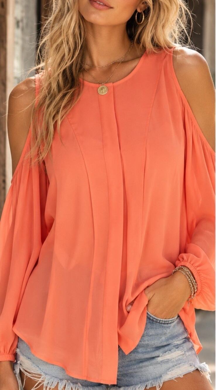 Tamara Mellon 100% Silk Women’s Size 0 XS Coral Orange Cold Shoulder Blouse Top